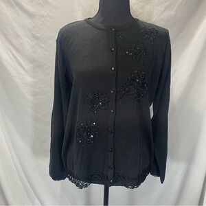 Jenny Black Elegant Black Embellished Women's light weight sweater. Size L. NWT.